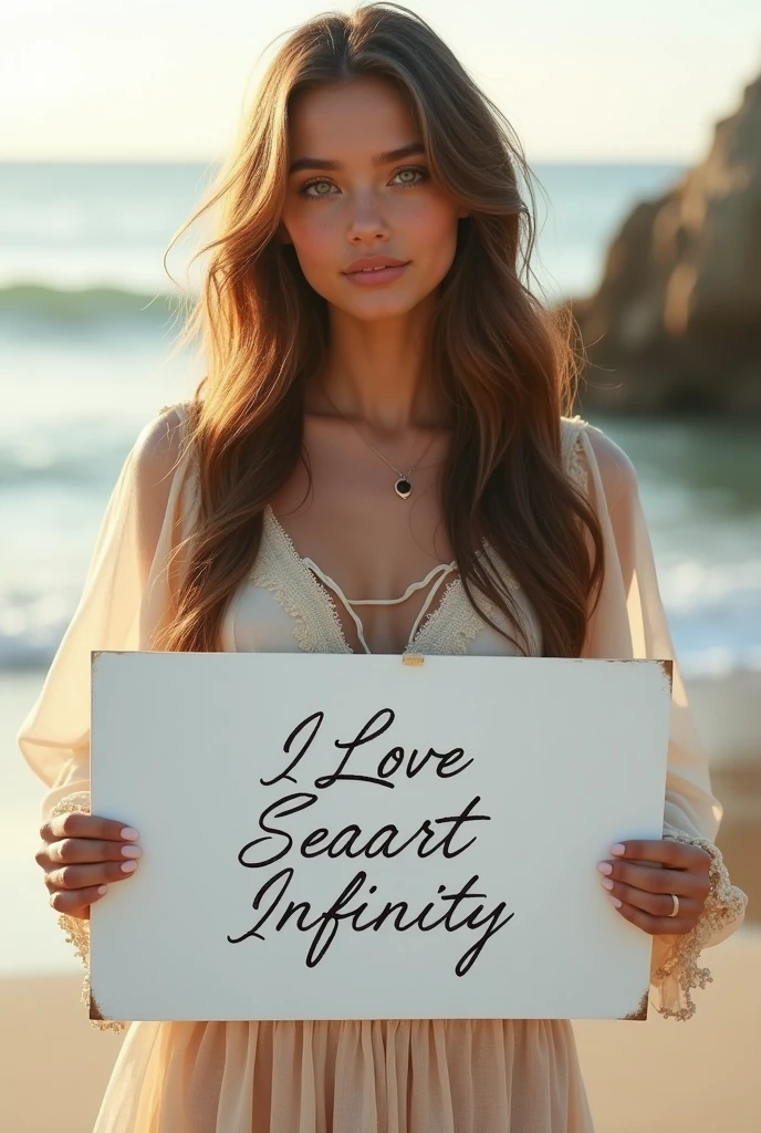 Beautiful girl with wavy long hair, bohemian dress, holding a white board with text "I Love Seaart Infinity" and showing it to the viewer