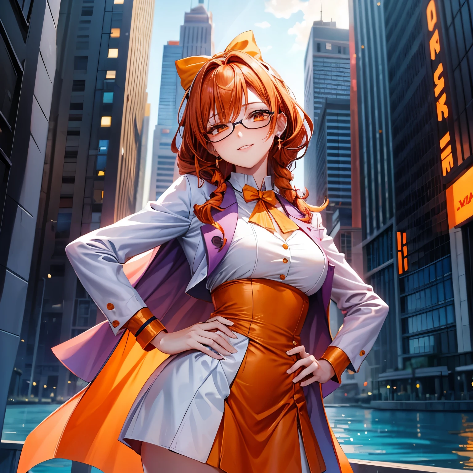 1 Girl, Solitary, Go to the river, Orange Hair, Drill hair, Wearing glasses on head, Orange Eyes, Jewelry, bow, White Dress, Purple Jacket, period, earrings, have, permanent, Hands on Hips, Looking at the audience, Close one eye, giggle, outdoor, City 