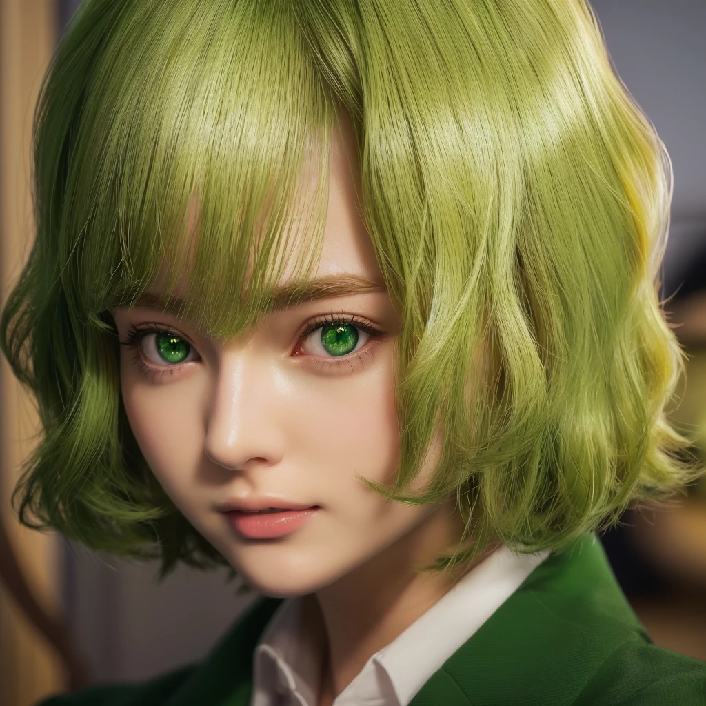 A blonde woman with green eyes and a green jacket, Surreal school girl, a Surreal school girl, Realistic Anime 3D Style, Photorealistic Animation, Ultra realistic anime, Photorealistic Animation girl render, Anime Realism style, 3D Anime Real, Realistic young anime girl, Cute realistic portrait, Anime Realism, 8K Portrait Rendering, Soft Portrait Shot 8k