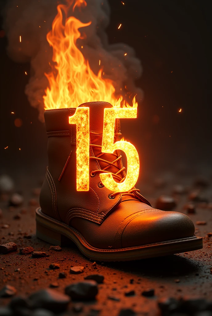 Flaming boot turned on its side with a burning number 15