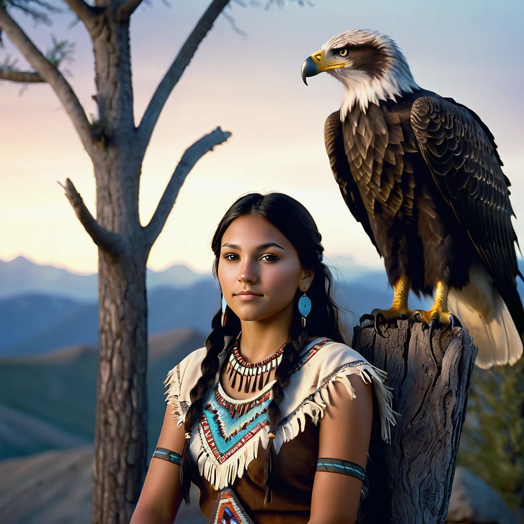 (grainy:0.5), cinematic, beautiful girls 25 year old native american,fantasy,(solo:1.3), detailed brown eyes, detailed face, detailed native american sexy clothing, volumetric lighting, dusk, extremely detailed background, standing next to tree and mountain, smiling, half closed brown eyes, tilted head, from side, sitting next to her Bald Eagle