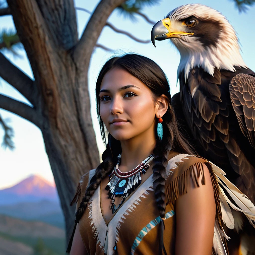 (grainy:0.5), cinematic, beautiful girls 25 year old native american,fantasy,(solo:1.3), detailed brown eyes, detailed face, detailed native american sexy clothing, volumetric lighting, dusk, extremely detailed background, standing next to tree and mountain, smiling, half closed brown eyes, tilted head, from side, sitting next to her Bald Eagle