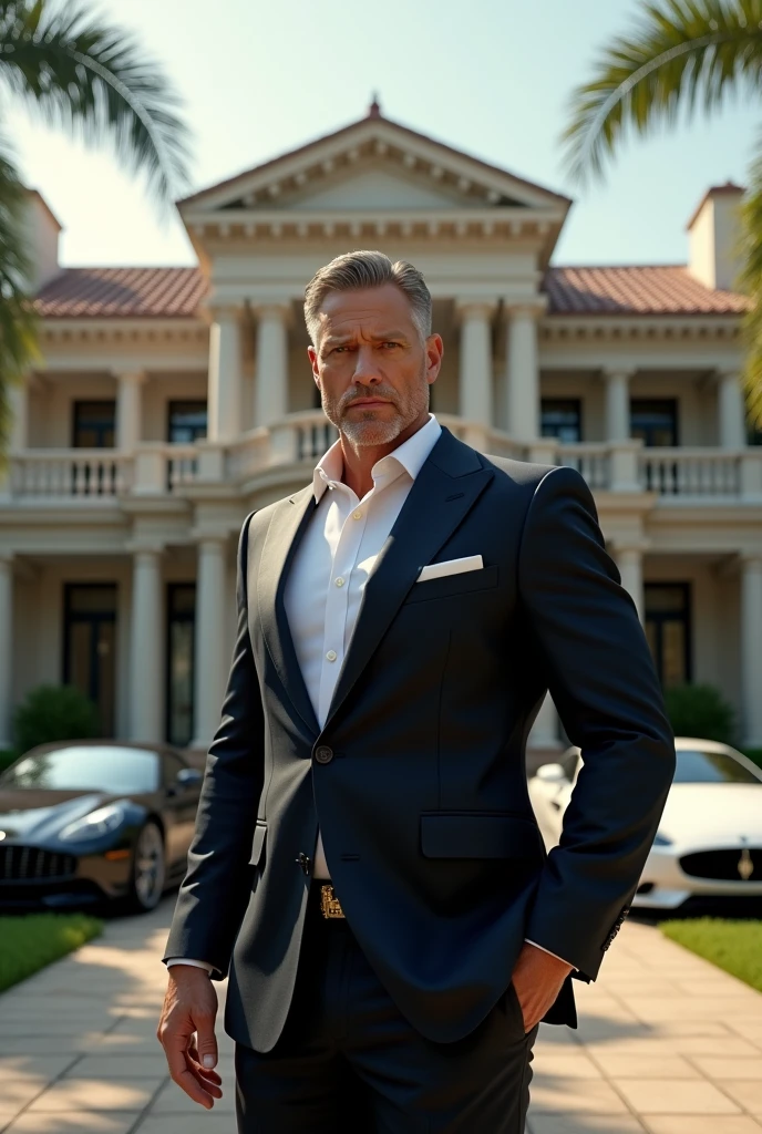 A billionaire man in front of his multimillion house and expensive cars
