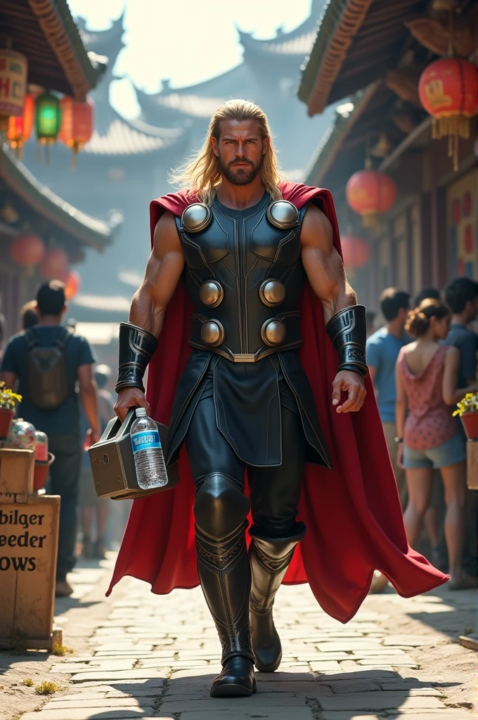 superhero Thor in a traditional market, carrying a hammer and a bottle of mineral water, there is a writing "don't be a spreader of hoax news". photography, 16k, ultra realistic