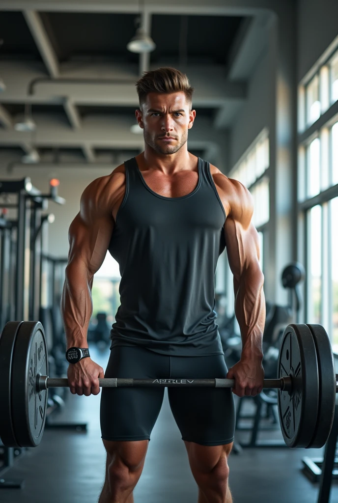 Make a gym boy photo with gym equipment