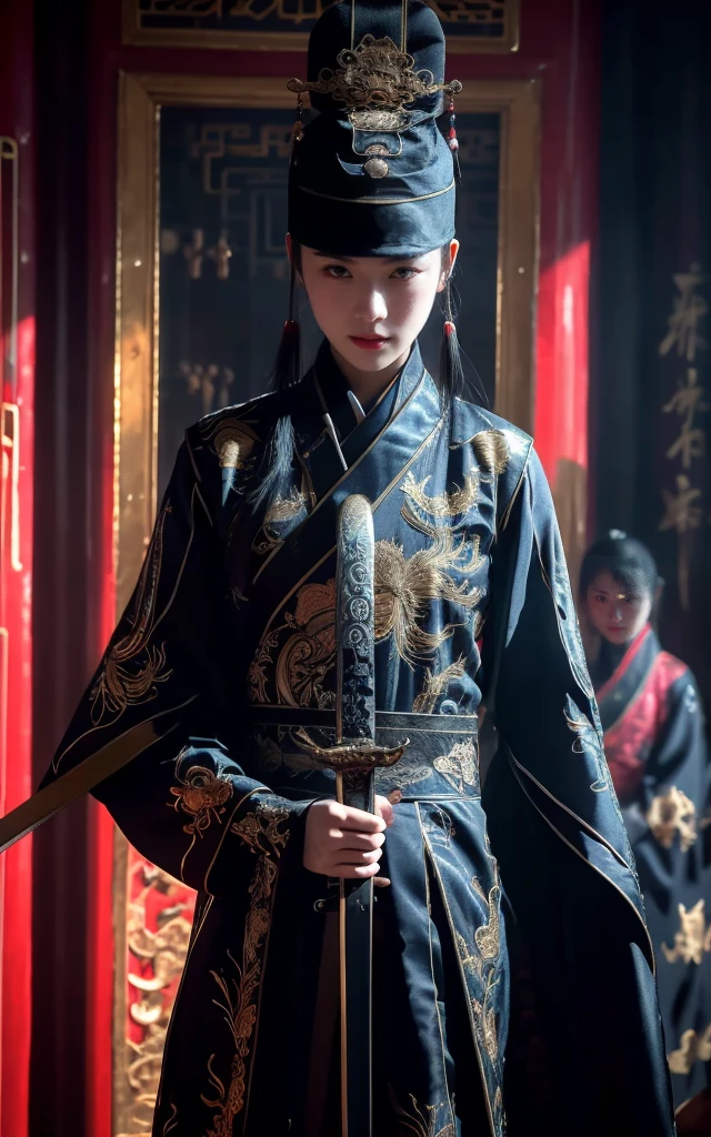 Ultra-high resolution，High-resolution details，reality，，Wearing embroidered Chinese clothing,（Dynamic Angle）,view,Practical,Luminescence,
Xueer Embroidered Guard Uniform,Royal Guards， have, Solitary,  Holding a sword, Black Hair, scar, Vague, scar on face, 1 female upper body，Solitary,Beautiful women,
