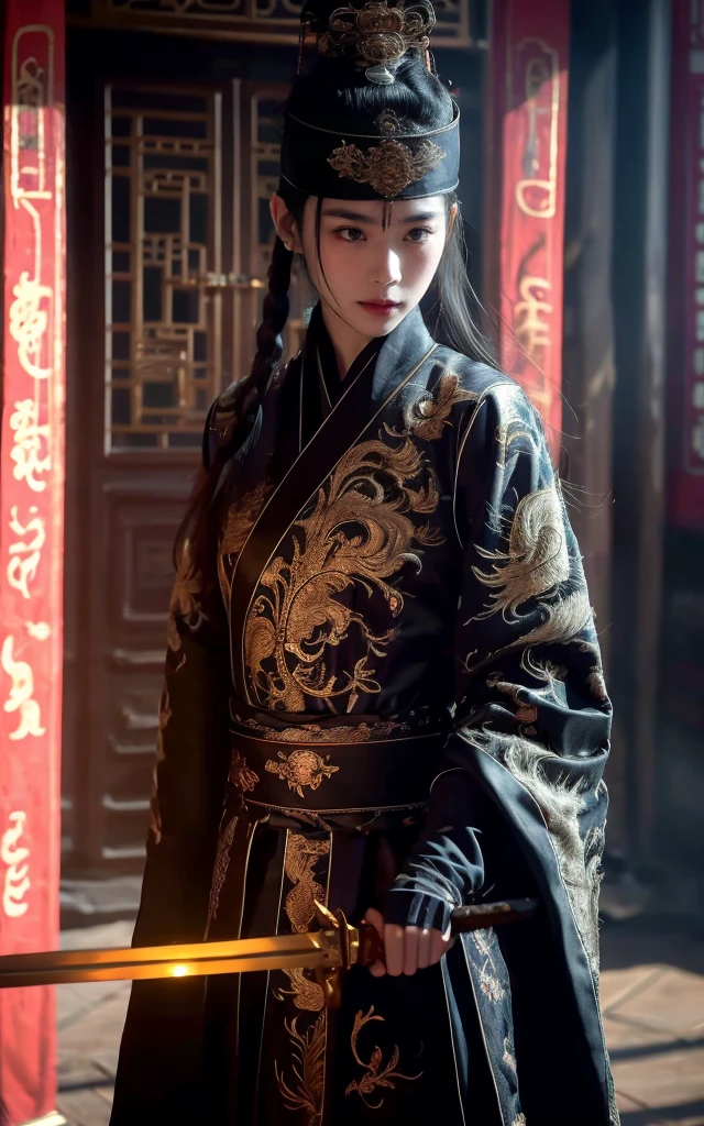 Ultra-high resolution，High-resolution details，reality，，Wearing embroidered Chinese clothing,（Dynamic Angle）,view,Practical,Luminescence,
Xueer Embroidered Guard Uniform,Royal Guards， have, Solitary,  Holding a sword, Black Hair, scar, Vague, scar on face, 1 female upper body，Solitary,Beautiful women,
