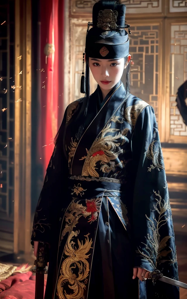 Ultra-high resolution，High-resolution details，reality，，Wearing embroidered Chinese clothing,（Dynamic Angle）,view,Practical,Luminescence,
Xueer Embroidered Guard Uniform,Royal Guards， have, Solitary,  Holding a sword, Black Hair, scar, Vague, scar on face, 1 female upper body，Solitary,Beautiful women,
