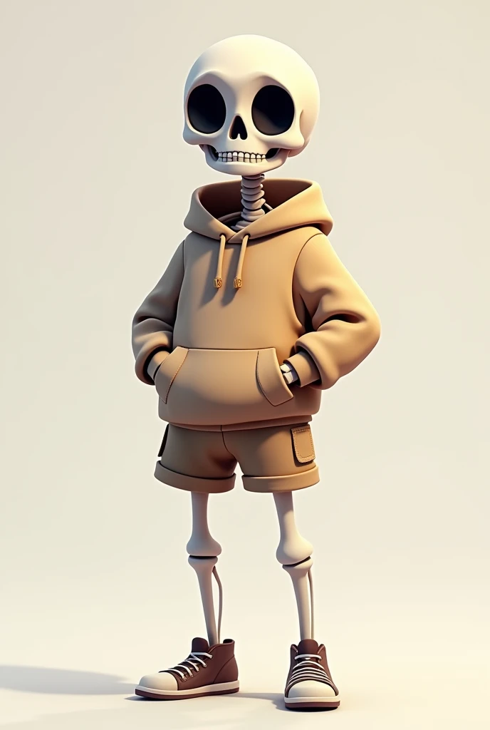A cute male skeleton game character wearing a hoodie and short pants, full size, in a t-pose, 