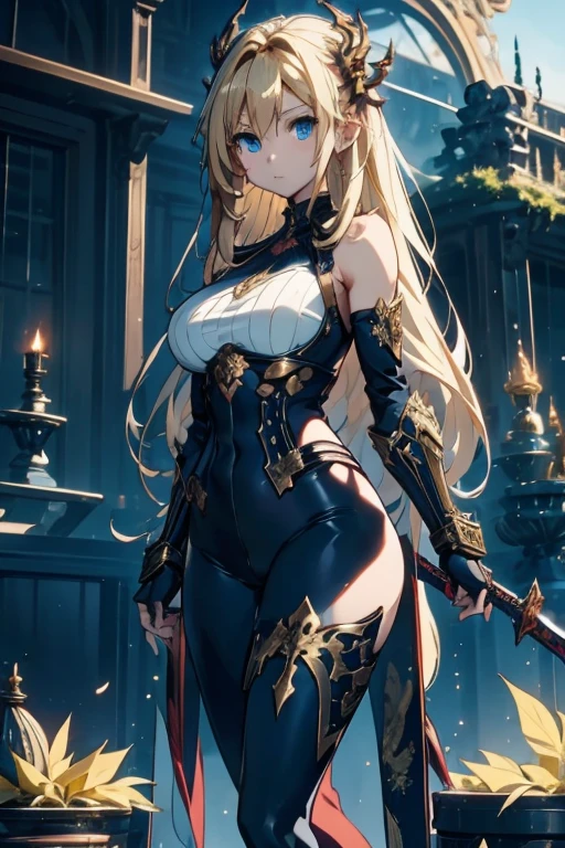 Create an image of a character in ornate golden armor with long flowing hair, standing confidently within an elaborate frame against a sky backdrop. The character is a 25-year-old woman with an anime style. She is wearing tight blue pants. The character is also wearing armored boots. The character has blonde hair and blue eyes. The background is an autumnal landscape. The character can have a dragon made of electricity. The image should be of high quality and the character should be holding a magical sword.