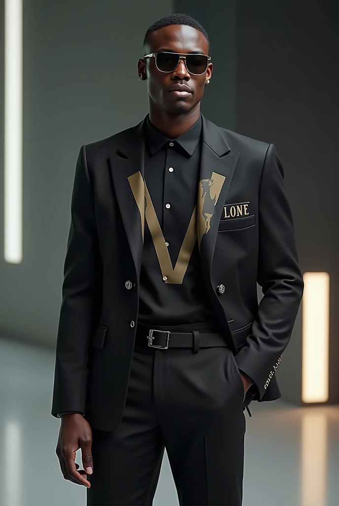 Make a suit with the vlone symbol in the middle of the Vlone brand suit , make vlone writing, MAKE A SUIT make a man wearing it