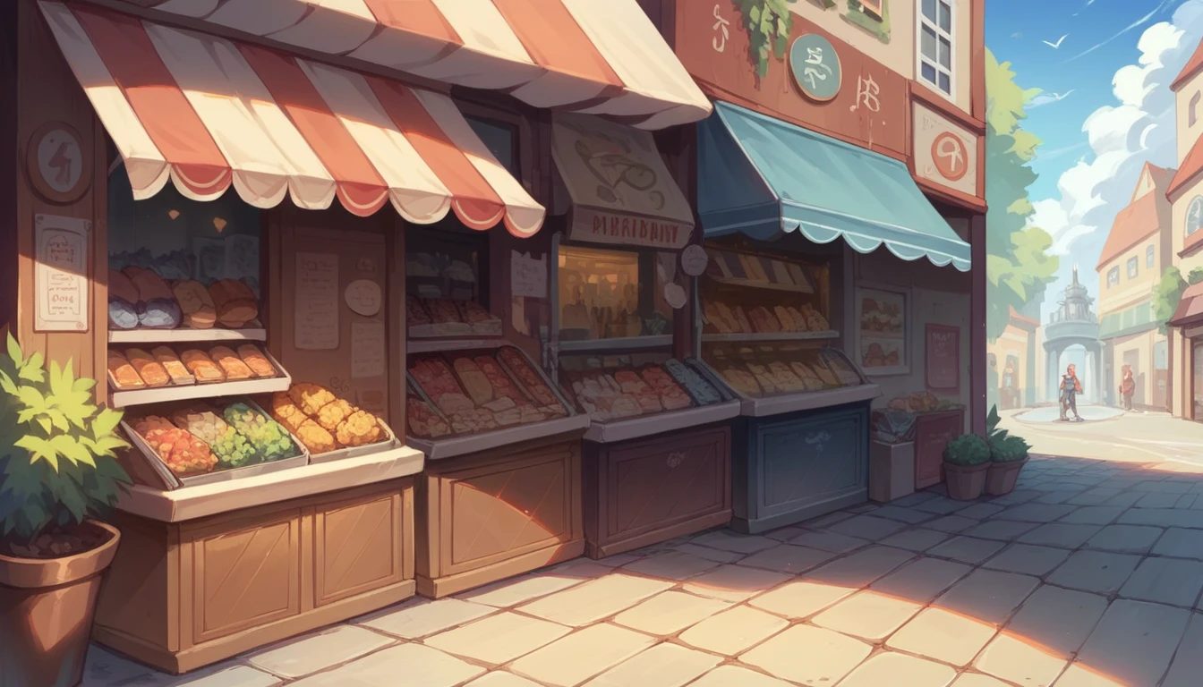 A street filled with cute shops, Square with a fountain, Fantasy
