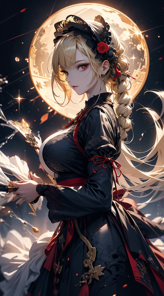 masterpiece, high quality, 4K, Beautiful design, silhouette,blonde, 非常に詳細な夜のStarry Sky,Flower Field, wonderful, Finer details, Very knowledgeable woman, Highly detailed solo, 1 female,Red eyes,Big Breasts,Gothic ta Fashion,Night view,Starry Sky,full moon,