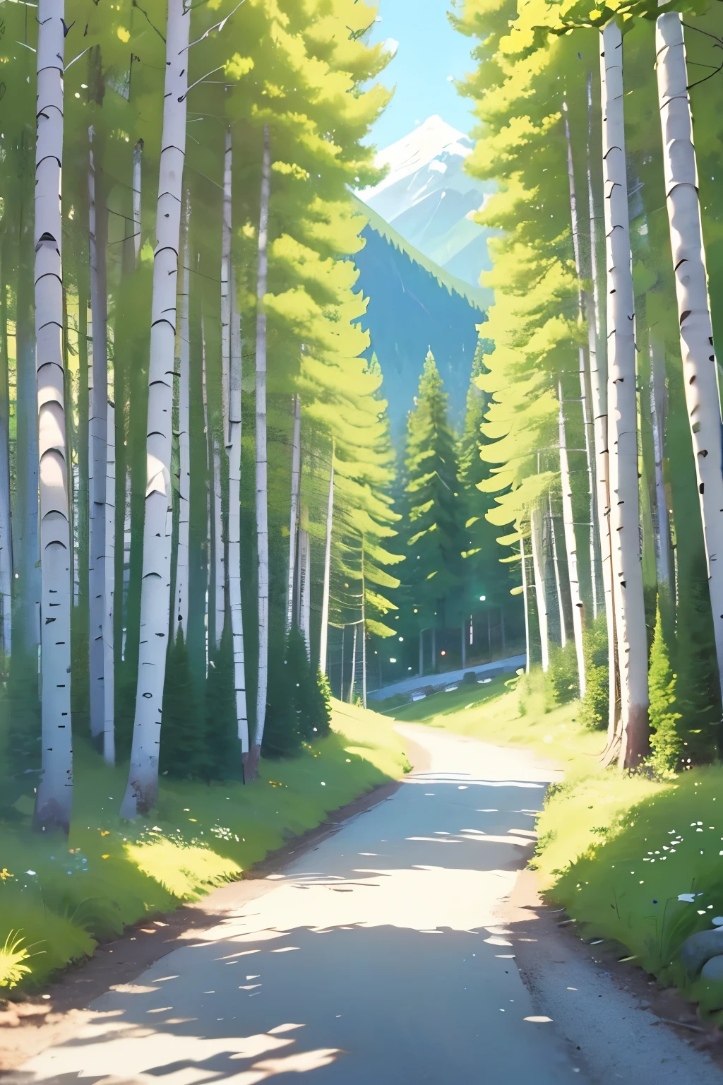 Mountain path, fir trees, birch trees, children playing perfect body, high definition hadr, flowers, butterflies, flying birds, landscape, birds chirping, sunlight filtering through the trees, soft breeze, lush green foliage, sparkling water reflections, vibrant wildflowers, joyful laughter, carefree children's expressions, dynamic brushstrokes, mountain, harmonious composition.perfect face