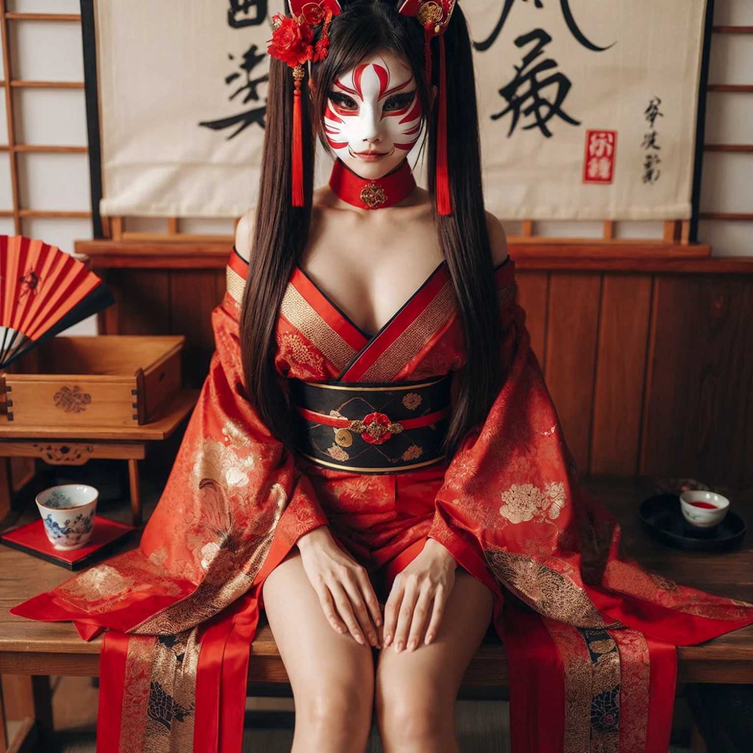 a woman large breast, cleavage, long straight two ponytail hair dressed in a detailed,vibrant red short offshoulder kimono-inspired outfit is sitting on wooden bench in a traditional Japanese setting. She wears a striking red and white kitsune mask, adorned with ribbons, The kimono wide short sleeves with black and gold. The setting includes a scroll with Japanese calligraph and the bench beside her holds traditional Japanese items, such as sake set,decorative fan,