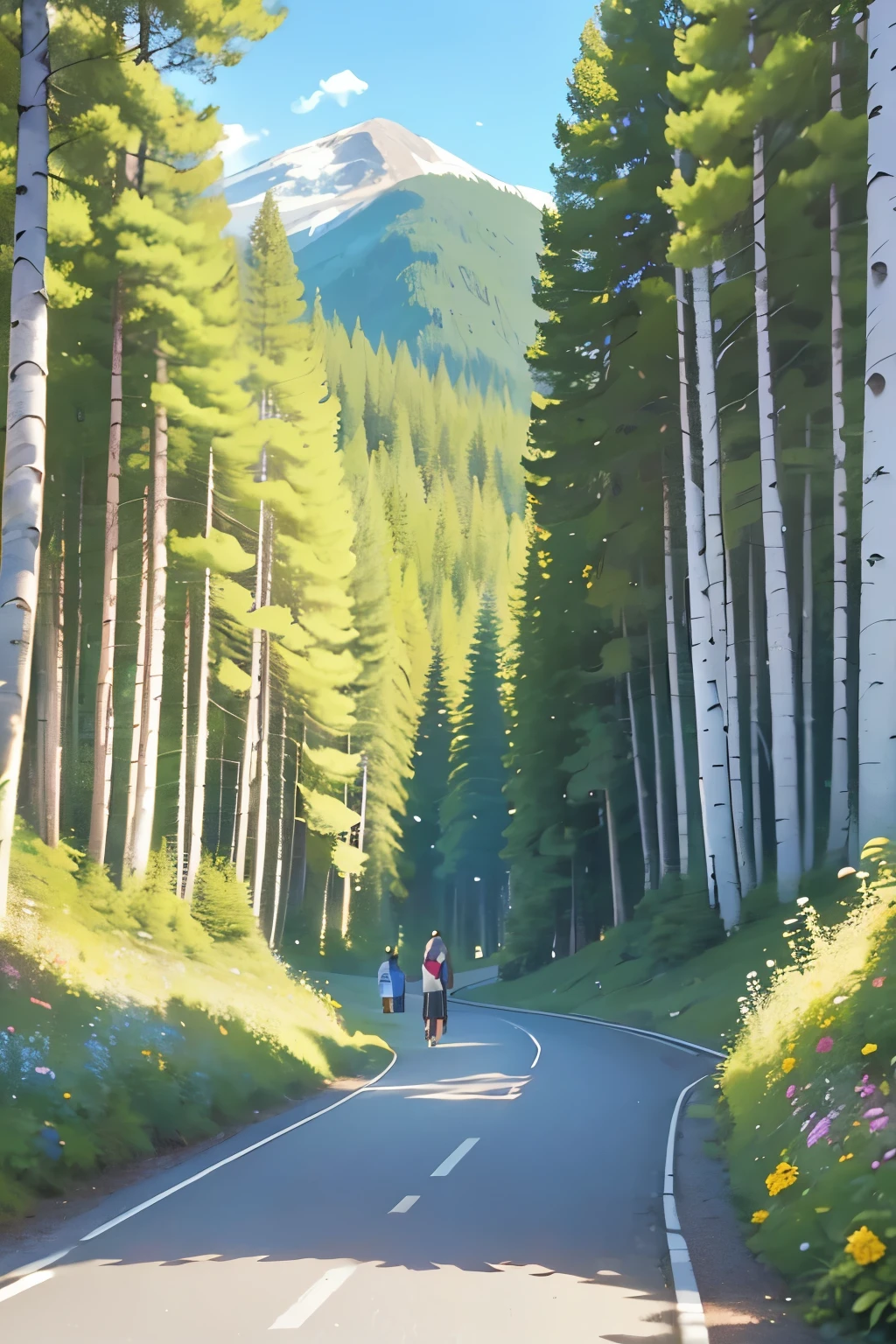 Mountain path, fir trees, birch trees, children playing perfect body, high definition hadr, flowers, butterflies, flying birds, landscape, birds chirping, sunlight filtering through the trees, soft breeze, lush green foliage, sparkling water reflections, vibrant wildflowers, joyful laughter, carefree children's expressions, dynamic brushstrokes, mountain, harmonious composition.perfect face