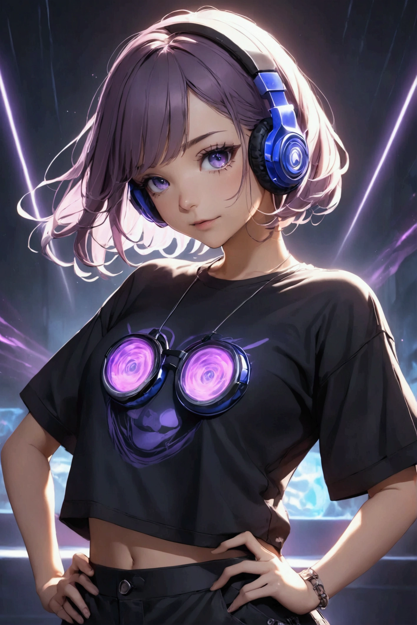 AddXL, style of Light painting, Girl using mask, Short purple hair, white highlights, purple glowing headphones, beautiful eyes, black top , Hip-hop style clothing, DJ set music, 8K,