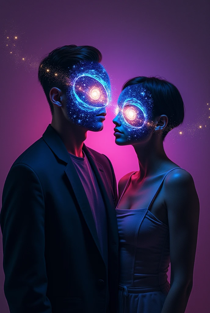 Create a profile photo for a YouTube channel of two people. On the channel, we will address science and philosophy, history, with a purple and black background. Make everything look fantastic and incredible. I don't want realism. A man and a woman. Don't make them look like they have some kind of romantic connection. They are friends and don't show their faces. They are just friends. I make them look forward, but put a universe mask on their faces. The woman has shorter hair and they are still looking forward.