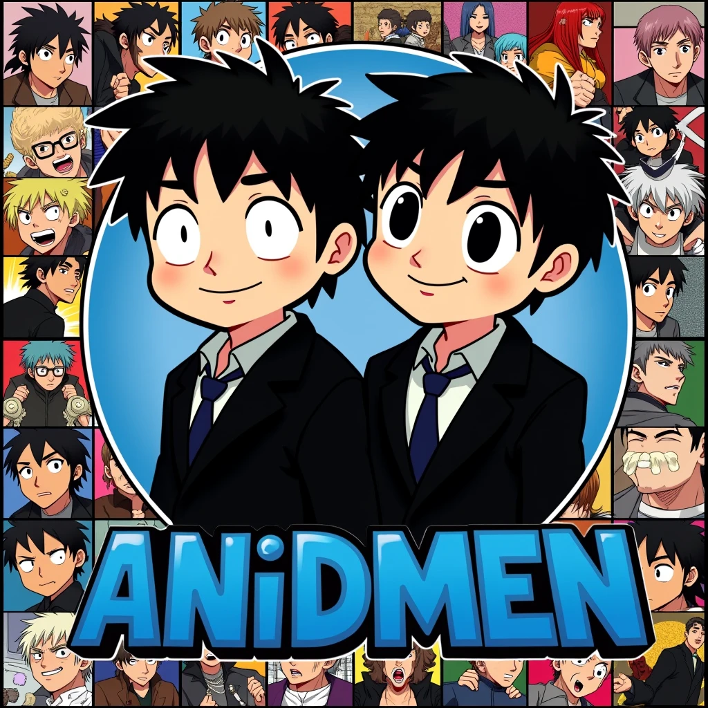 Background is a collage of various action themed manga panels, and in the centre lies animated avatars of a duo of black suited men in an area covering about 40% of the logo below which is written "ANImidMEN" in blue font colour in joker font style in a 1:1 frame
