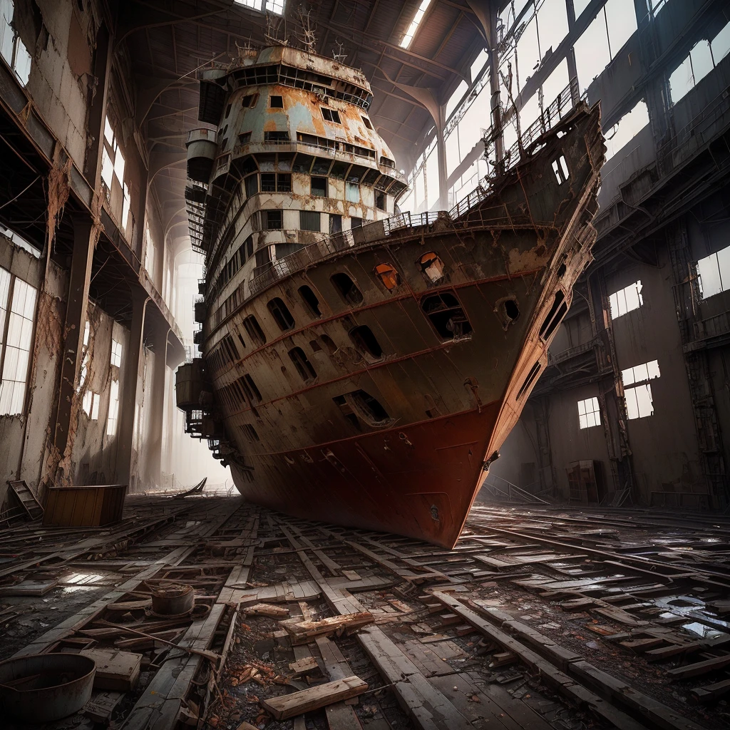 Arafad ship in a large warehouse with many windows, Portrait of a sunken ship, by Sebastian Spren, urbanization photography, author:Matthias Wescher, abandoned, 廢abandoned的 space ship, 廢abandoned的, urbanization, an abandoned old, rust, shipyard, destroyed ship, surreal abandoned buildings, 一张rust的照片, author:Alexander Gerasimov