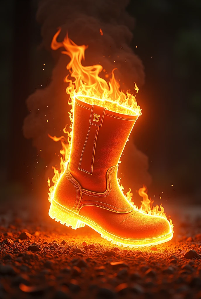Boot on fire turned sideways with a small number 15 written on the right " Marcio has arrived"