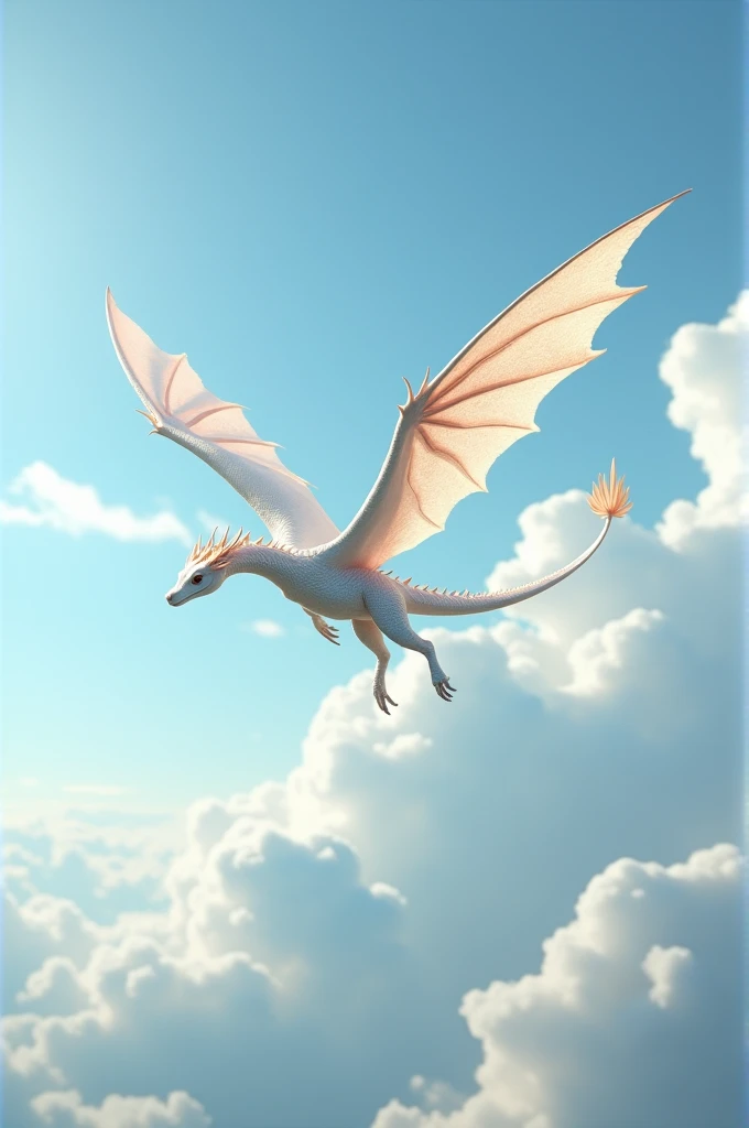 Create realistic light colored dragon flying that is slim