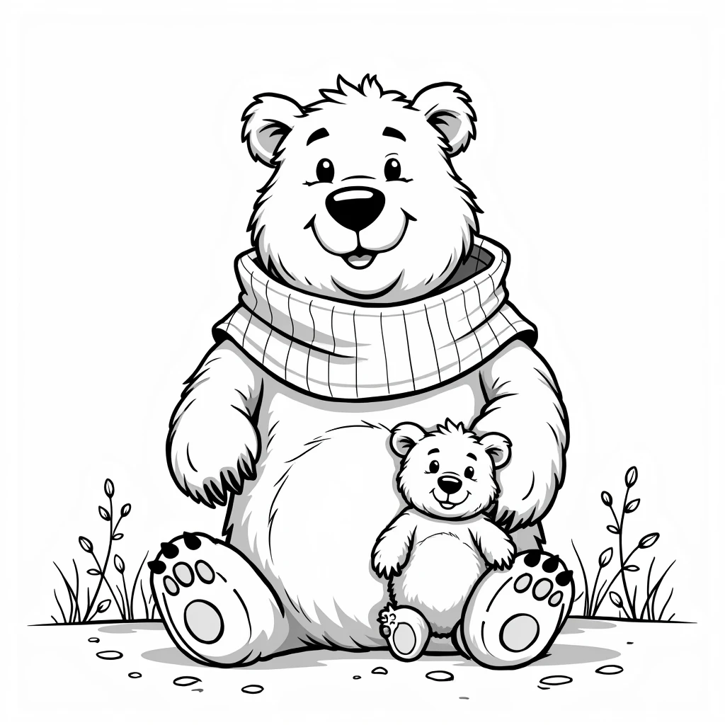a line drawing of a male bear dressed as a grandfather, wearing a striped scarf, giving a gift to his grandson, A baby bear. The image must be in black and white, no color fill, and suitable for a coloring book .