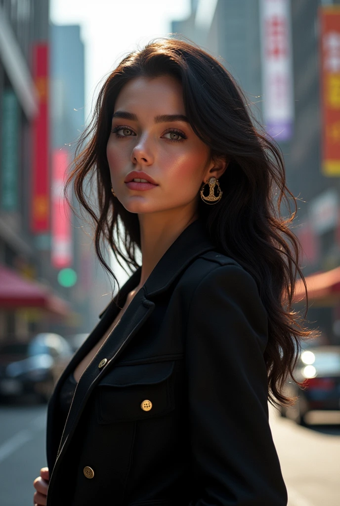 A butiful girl in a city with Black jacket