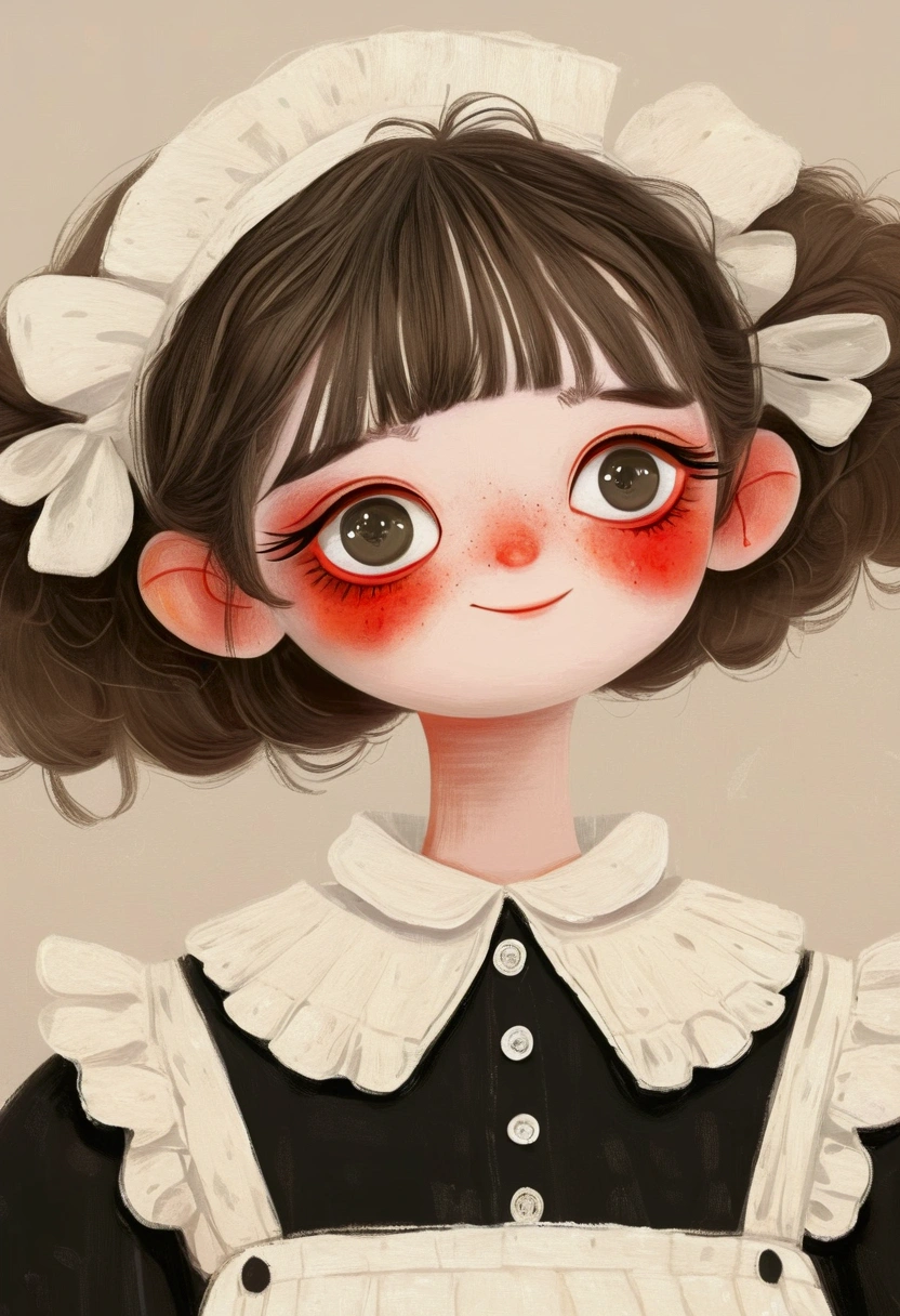 A painting,Pastel Art:Little girl in black and white maid costume。big eyes,short hair,laughing out loud,teeth。Lovely art style, Lovely and detailed digital art, Cute numbers艺术, Lovely artwork, Kawaii realistic portrait, Change, Cute numbers, Lovely portrait, Kasuga, Lovely characters, Cute colorful lovely red background