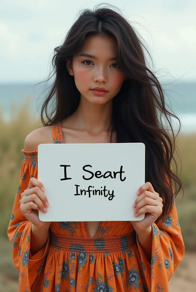 Beautiful girl with wavy long hair, bohemian dress, holding a white board with text "I Love Seaart Infinity" and showing it to the viewer