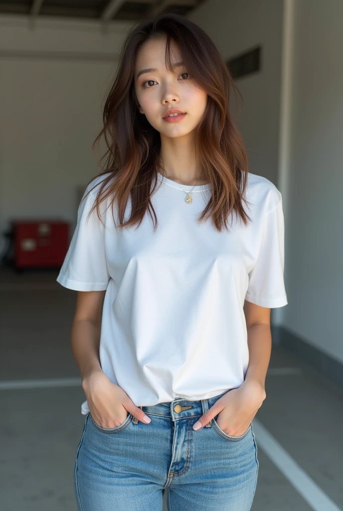 Japanese girl, beautiful, cute, 18 years old, 160 cm height, skinny, white t-shirt and jeans, in a garage, 