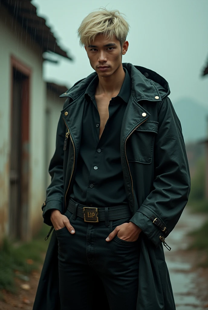 Professional photography, masterpiece, full body, handsome Indonesian man, confident, charming, thin smile, trendy short blonde hair, wearing a long parka jacket cosplayer assassin, long black jeans, attractive pose, on top of an old Mexican building, dramatic lighting, lens flare, glitter effect, resembling photo Sony 7000D, ultra realistic, high definition with added elements of rain or fog and cinematic effects like lens flare or motion blur