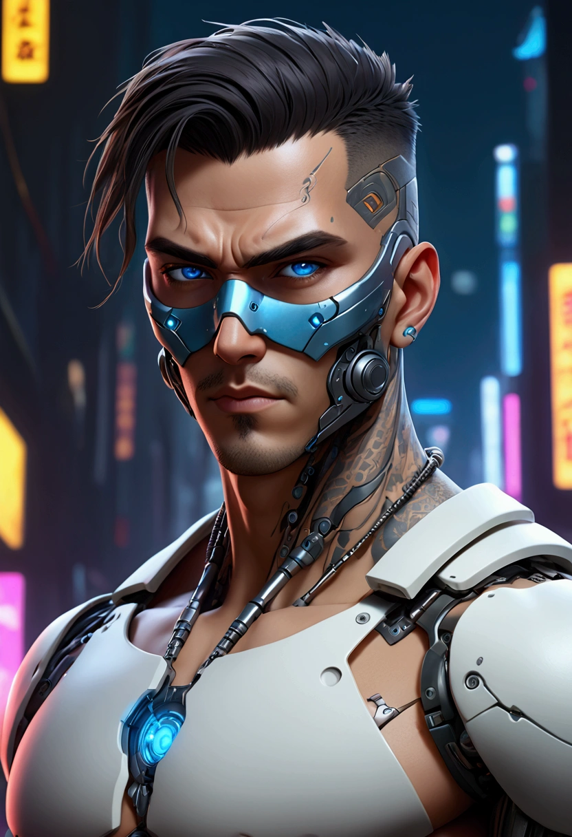 (best quality, Art, animation styling, Full of details), Upper body cut of a man with an Indian warrior feel, A man with a thick facial bone structure, A man with a thick neck and developed trapezius muscles, official anime art illustration, White person with blue eyes, Cartoon of a man wearing a mask on his face, protruding eyes, semi-realistic cyberpunk style, Portrait of a cyberpunk man, cyberpunk art ultrarealistic 8k, cyberpunk style , hyper realist, cyberpunk character, Trends in ArtStation, Complete movie character, Trends in ArtStation 4k, Cyberpunk Cyborg Upper Body, Realistic upper body like a movie, A perfectly realistic cyberpunk hero., inc썩음ibly detailed, 8k, Ultra HD, Art, best quality, very detailed, convoluted, Expressing the upper body, Show me your waist, Cyborg, a machine-to-human ratio, Chest area full of visible machine parts, Machine parts for abs too, All below the neck is mechanical, Attaching machine parts to the face, Strong light emission on waist belt, A brightly lit city background, dark colored machine, full body pose, whole body