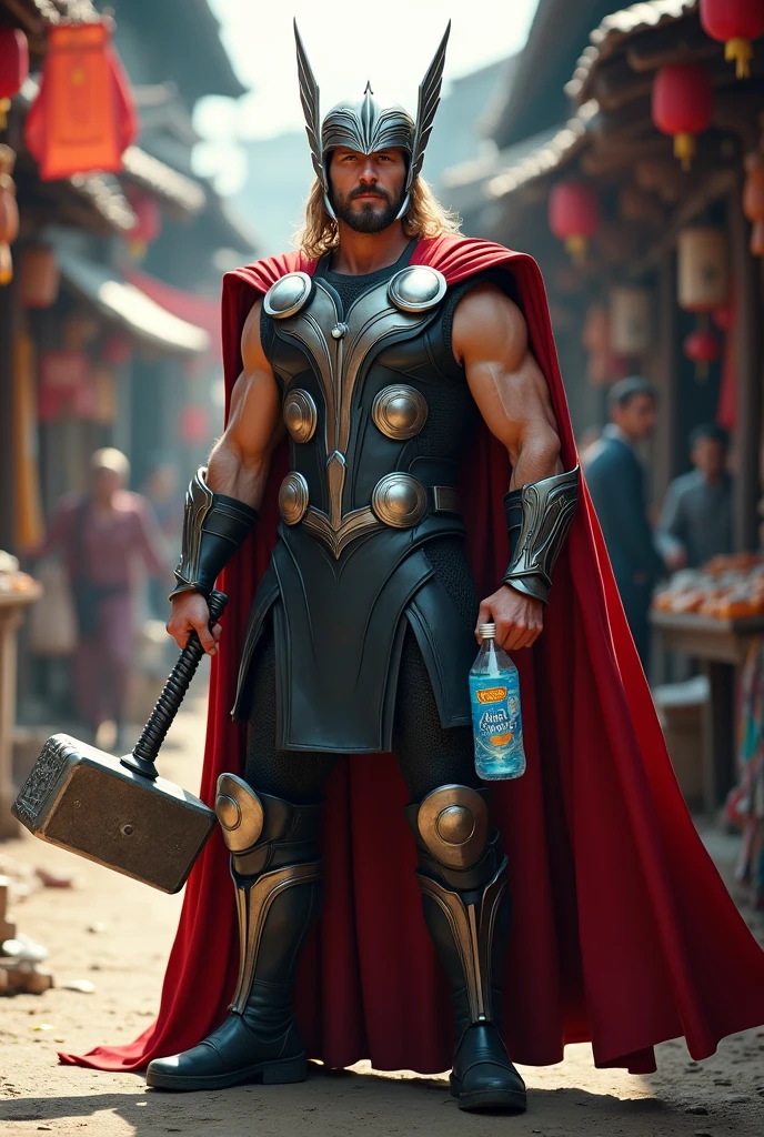superhero Thor in a traditional market, carrying a hammer and a bottle of mineral water, there is a writing "don't be a spreader of hoax news". photography, 16k, ultra realistic