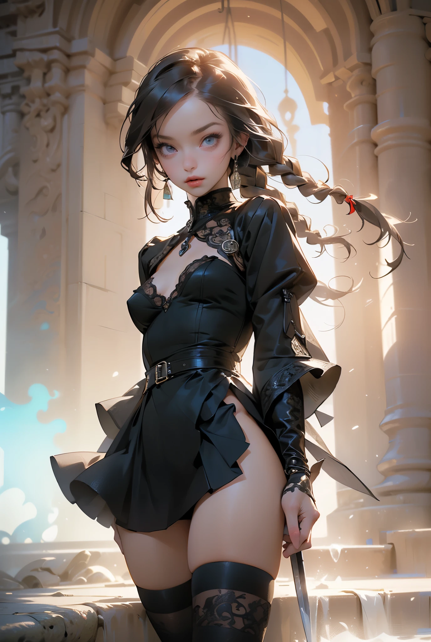 (((masterpiece, of the highest quality, super detailed))), ((a female knight of an occult order)), (an occult saint), (combat pose), (ready for combat), (resolved expression), (resolute expression), (((floating sword, nier automata))), (nier automata meets bloodbourne), ((Edwardian/Victorian era inspired)), ((minimal but intricate beautiful armour)), (big forhead:1.2),extremely detailed cute anime face, (((flat chest))), ((flat chest:1.1)), ((((long twin braids,tight braids,long braid,braided hair,long hair)))), ((ponytail, thick ponytail, heavy ponytail)),  (((Fluttering lace flared dress with frilly petticoats))), ((((Highly detailed face))), (((Very sharp focused eyes))), very long eyelashes, ((small breasts)), (((flat chest:1.1))), occult aesthetic, (red and white clothing detailed and intricate steampunk and detailed gothic), (with a hood), complex lace boots, (full body)