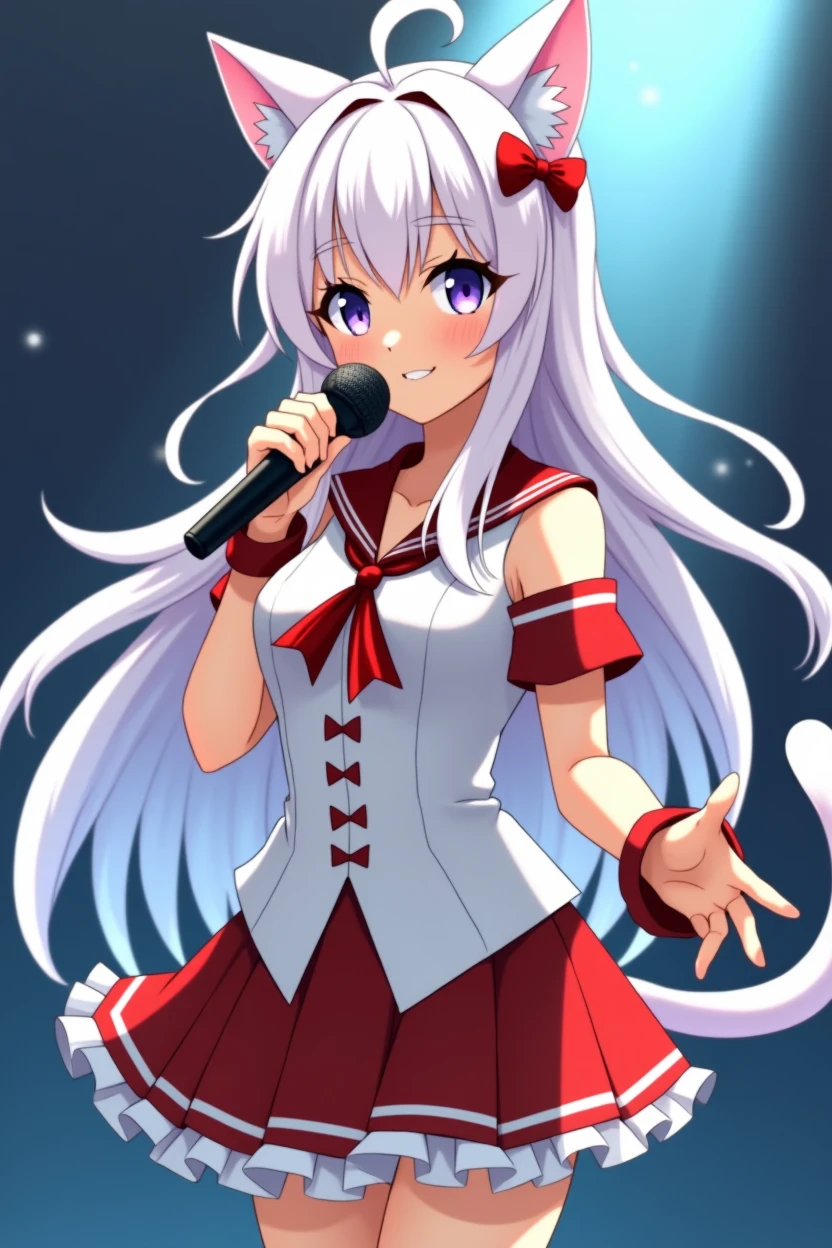 A magical girl with anime aesthetics who is an idol with long white hair and cat ears and tail., wearing a short skirt and with a microphone in her hand singing
