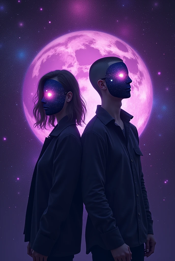 Create a profile picture for a YouTube channel of two people. On the channel, we will address science and philosophy, history, with a purple and black background. Make everything look fantastic and incredible. I don't want realism. A man and a woman. Don't make them look like they have some kind of romantic connection. They are friends and don't show their faces. They are just friends. I make them look forward, but put a universe mask on their faces. The woman has shorter hair and they are still looking forward. The woman has shaved hair and they are looking at the camera. He is her nephew, not in fashion.