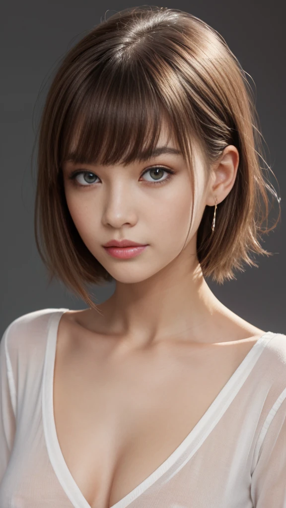 ((Medium chest, )), (smooth belly : 1.1), (perfectionなボディ : 1.1), (Very detailed CG 8k wallpaper), (Very sophisticated), (masterpiece), (Highest quality:1.0), Delicate skin, Very detailed、(photograph:1.2)、(Realistic:1.3)、(masterpiece:1.3)、(Best image quality:1.4)、超High resolution、(Detailed eyes)、(Detailed facial features)、(Detailed clothing features)、8k resolution、Focus Only、26 year old mature woman、Small face、No makeup、Beautiful eyes with attention to detail、bangs、Blonde、Long Cut Hair, Braided hair、(Realistic Skin)、Beautiful Skin、Charm、超High resolution、Ultra-realistic、High resolution、Open white shirt,middle aged、Small breasts、Bust B cup、Small breasts、Cool Beauty、Gray background、Cinema Lighting、perfection、Soft Light、High resolutionスキン:1.2、Realistic Skin texture、26 year old、Small face、No makeup、Bust B cup、Beautiful brown eyes in every detail、short hair、Dark brown hair、Cool Beauty、Gray background