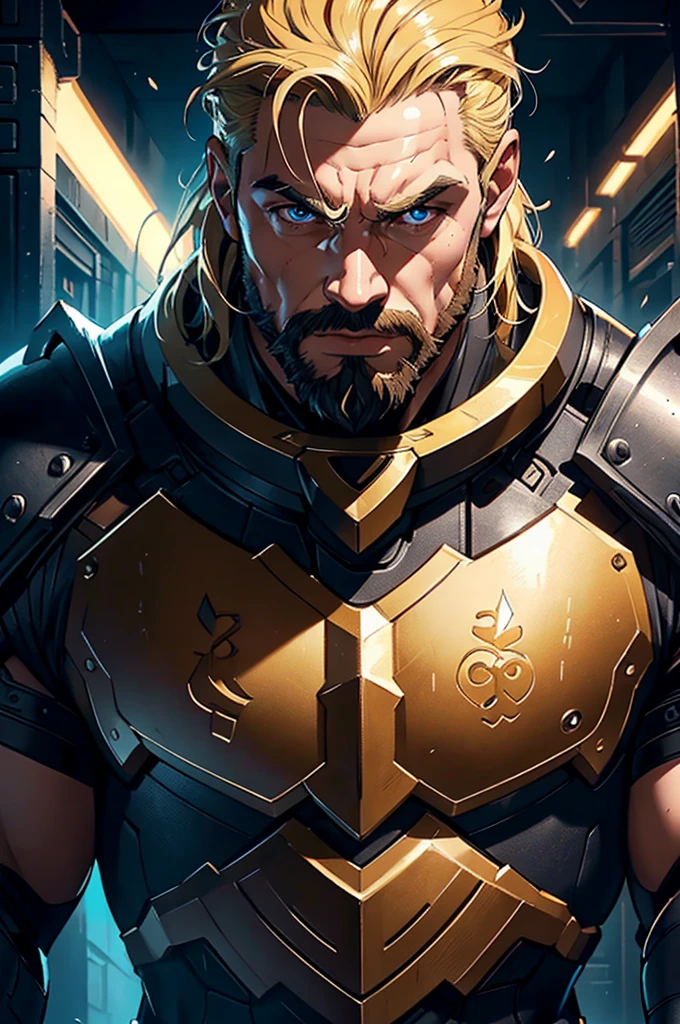 strongman paladin photo , whole body, Drawing style, (work of art), best qualityer, high resolution, 4K, 8k, detailed illustration, intricate-detail, cinematic lighting, incredible quality, 1 men, male fit, amazing shading, soft lighting, front camera, blonde eyes, blond long hair