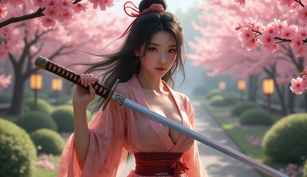 beautiful japanese woman with big breasts in revealing kimono and katana сад сакура