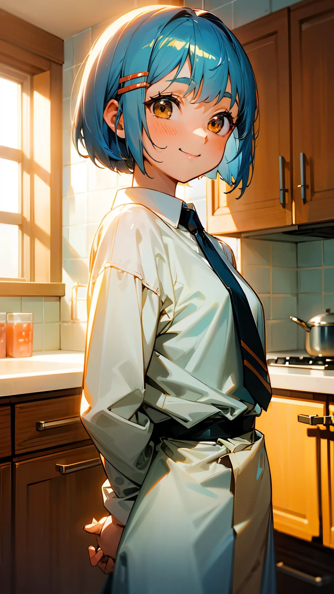 1 girl、Anime Images、kitchen、Delicious food、shrimp、Place your hands behind your back.、Shiny light blue hair、Short Bob Hairstyles、Tie your hair with an orange hair clip、Beautiful brown eyes、smile、Upper body close-up、Sharp contours、Background Blur、Written boundary depth