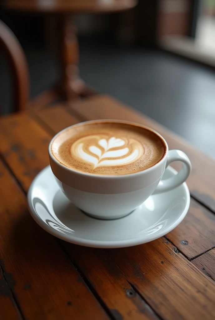 A latte coffee in a white porcelain cup on a rustic wooden table. The foam on the coffee artfully forms the word 'vino' on the surface. Soft, natural lighting, with a blurred background suggesting a cozy, elegant café setting.