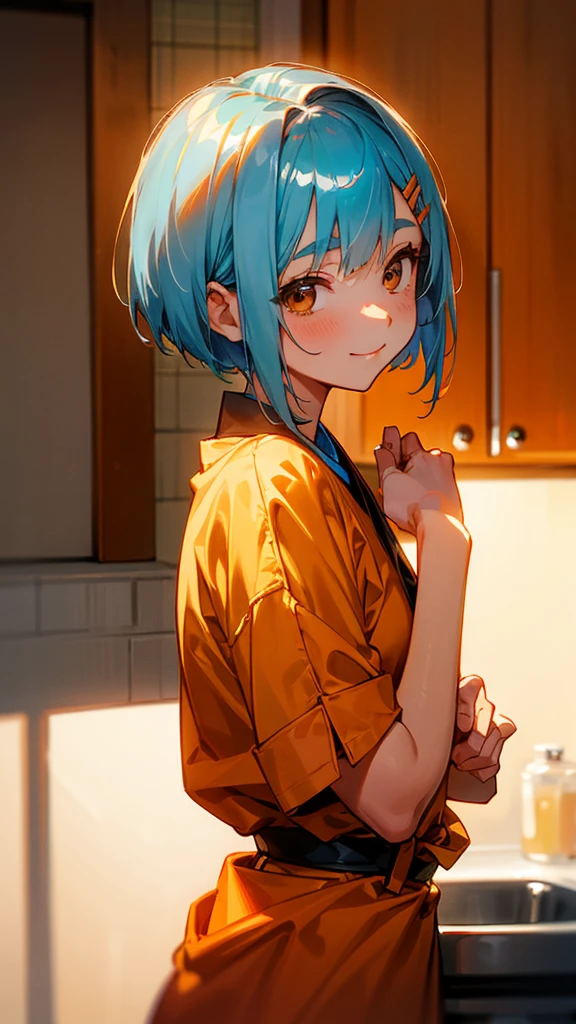 1 girl、Anime Images、kitchen、Delicious food、shrimp、Place your hands behind your back.、Shiny light blue hair、Short Bob Hairstyles、Tie your hair with an orange hair clip、Beautiful brown eyes、smile、Upper body close-up、Sharp contours、Background Blur、Written boundary depth