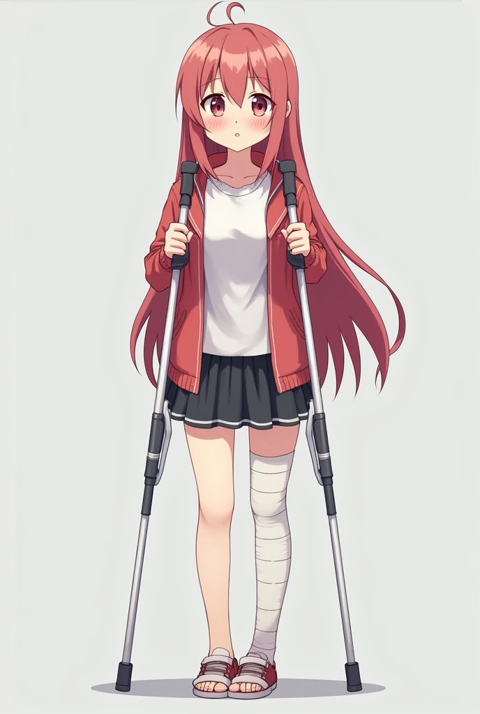 Anime girl with ankle bandage on crutches