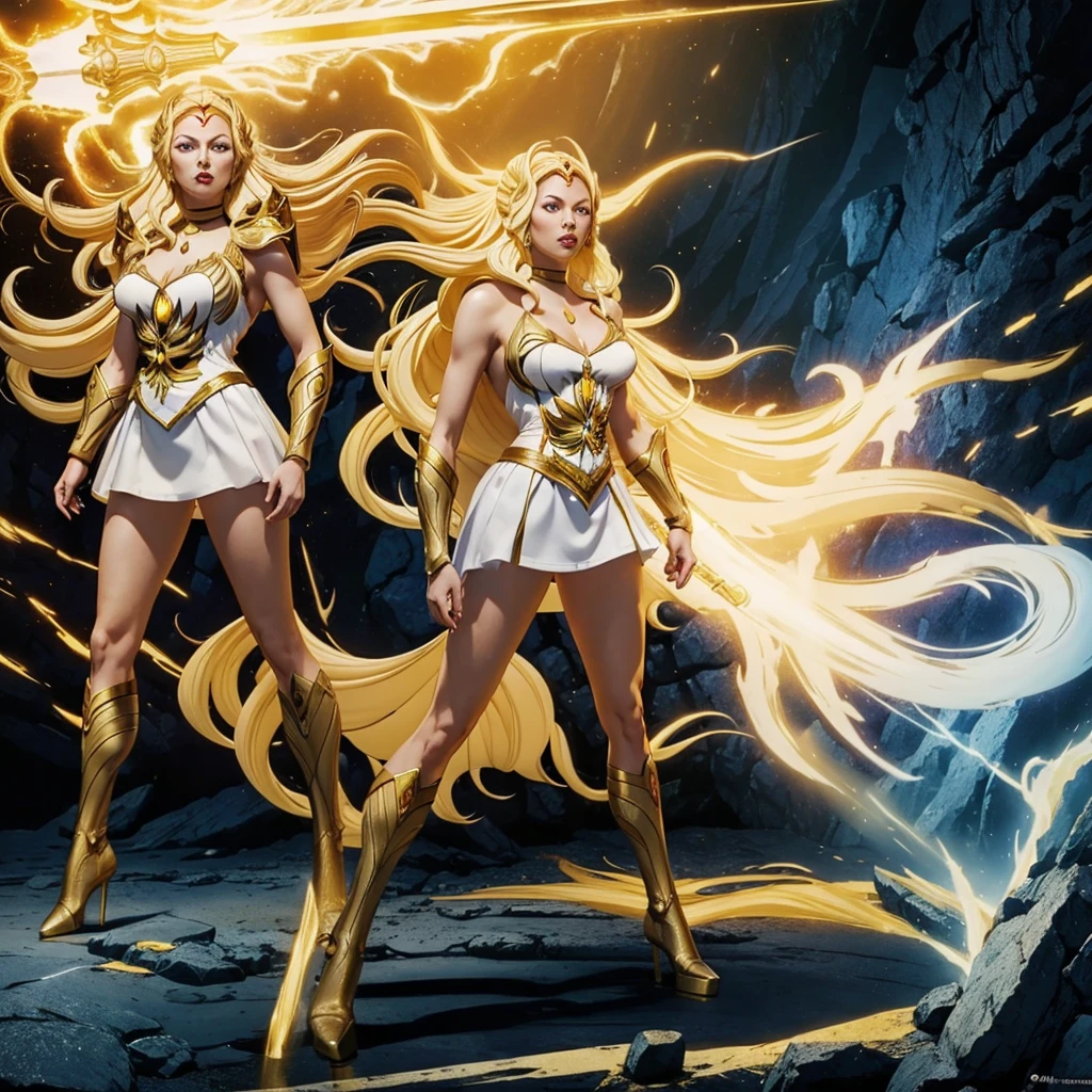 (((Full body image))) A beautiful female warrior, With long white hair and yellow eyes, Wearing white and gold DC Comics Shazam armor，There are several rays on the body