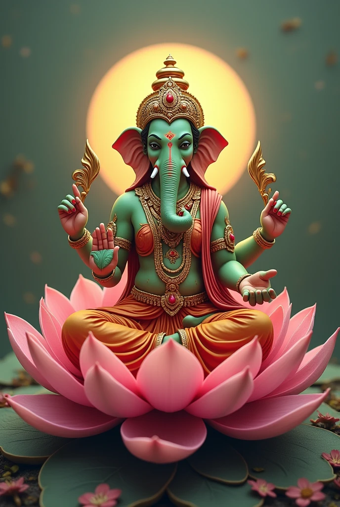 Goddess Lakshmi sitting in lotus position, on a large lotus flower, Ganesha with an elephant head in the center and Dolma with her characteristic green skin