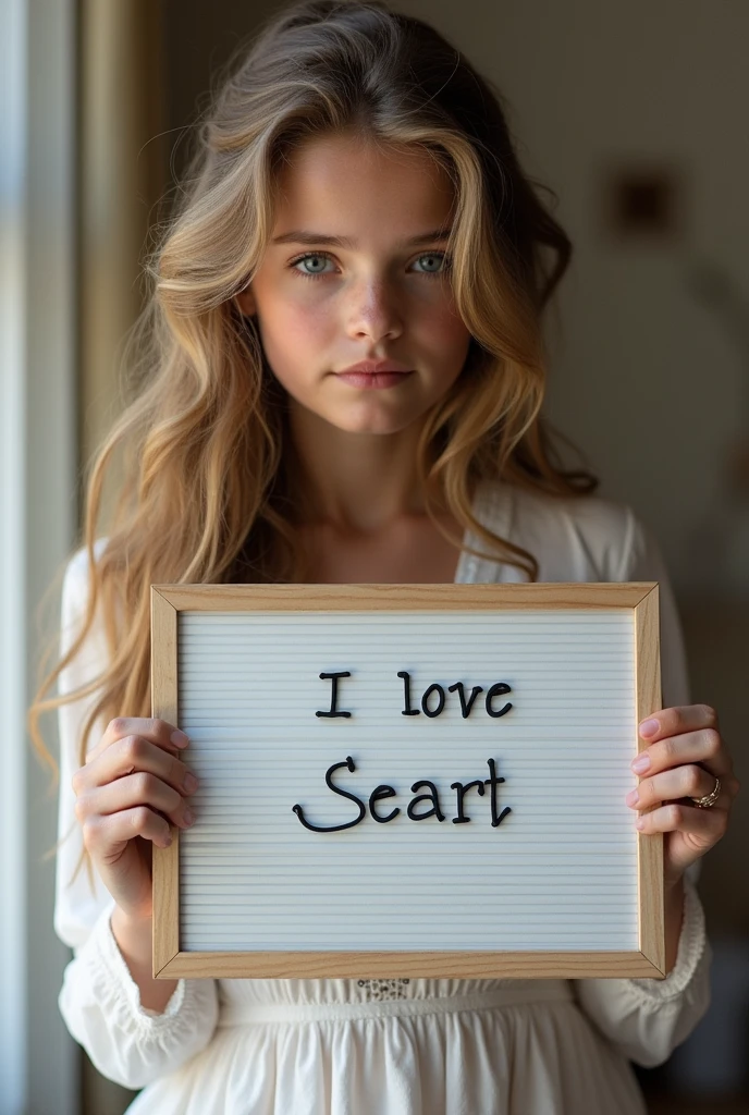 Beautiful girl with wavy long hair, bohemian dress, holding a white board with text "I Love Seaart Infinity" and showing it to the viewerПотная Аниме Девушка лежит на кровать и из ее пизды вытекает сперма