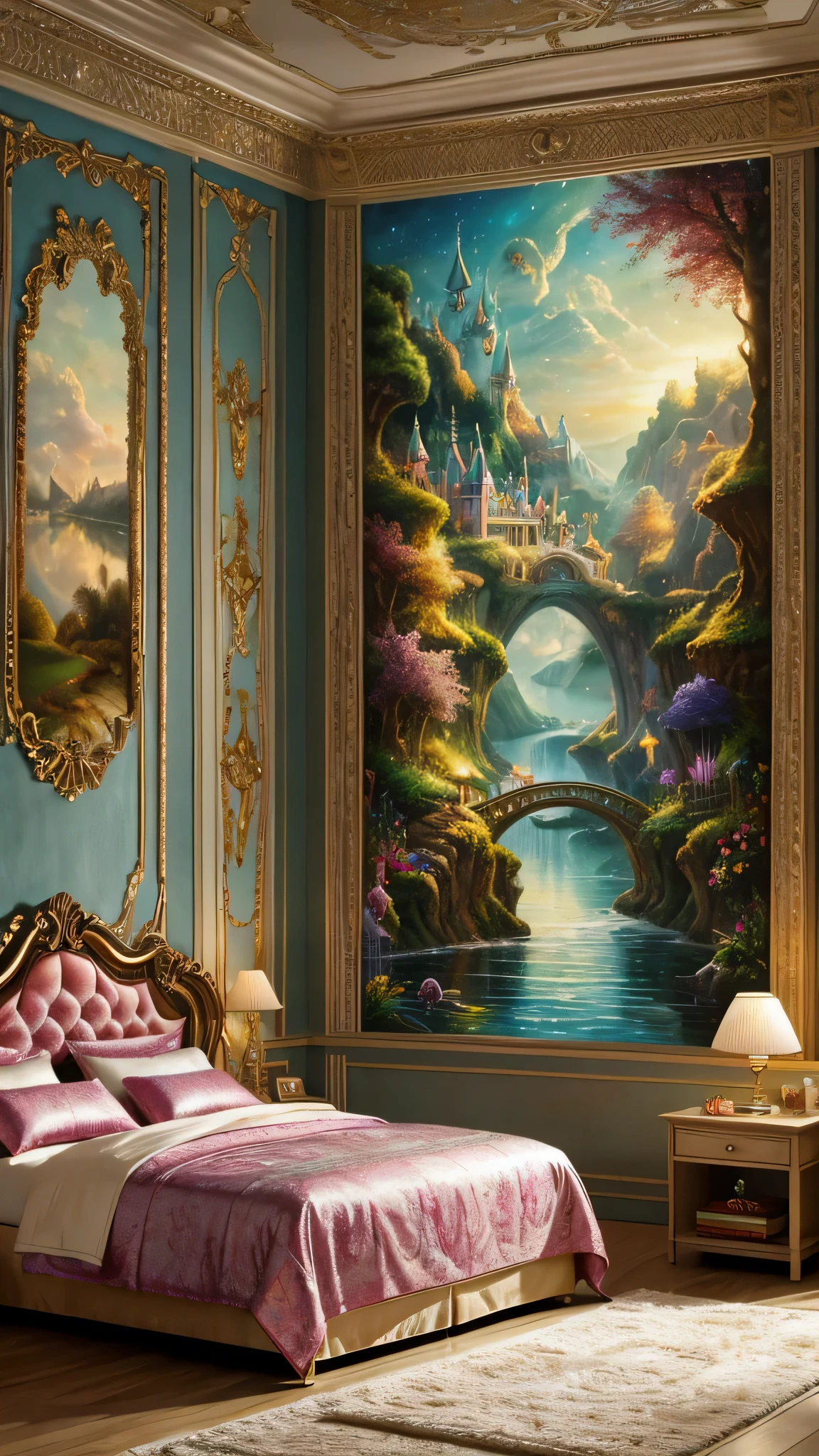 High resolution, masterpiece, best quality, detailed,,not of this world, dreamland, fairyland, Niceer schlafplatz, Bedroom, unrealistic, exaggerated, bright colors, athemberaubend, shocking, Nice, elegant, enchanted