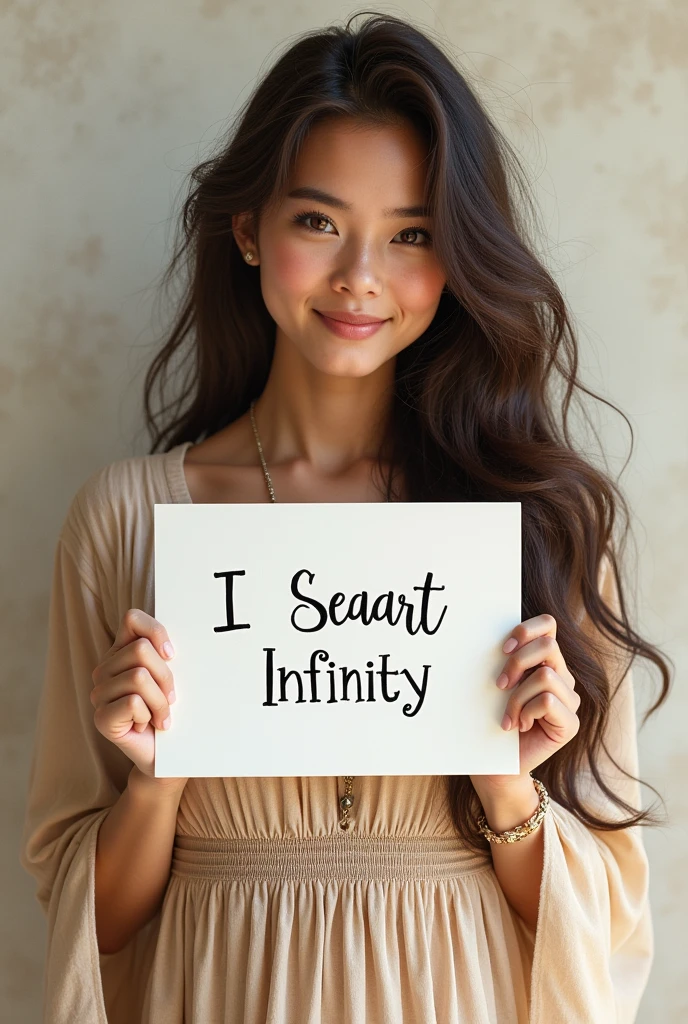 Beautiful girl with wavy long hair, bohemian dress, holding a white board with text "I Love Seaart Infinity" and showing it to the viewer