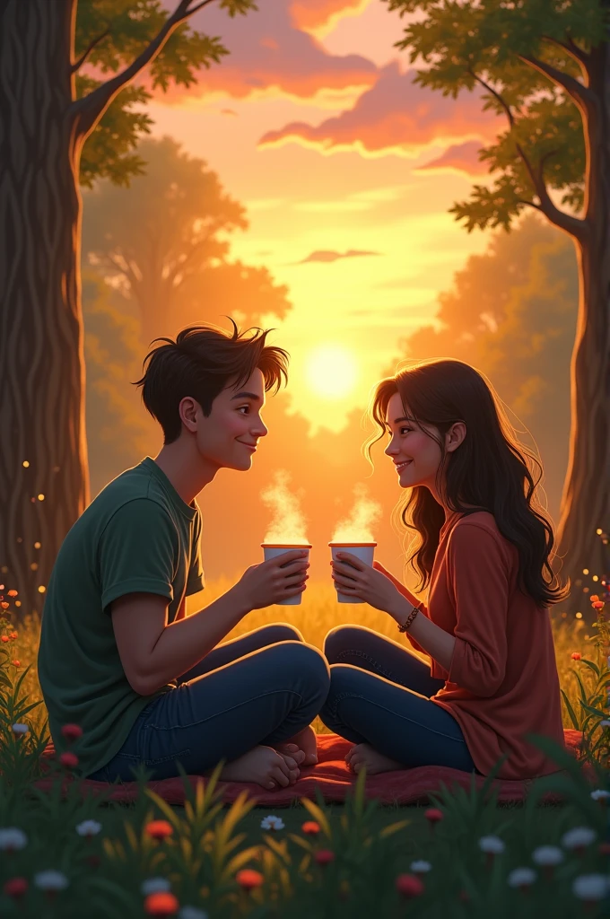 2 man with 2 girl friend forever and sunset with coffee in forest